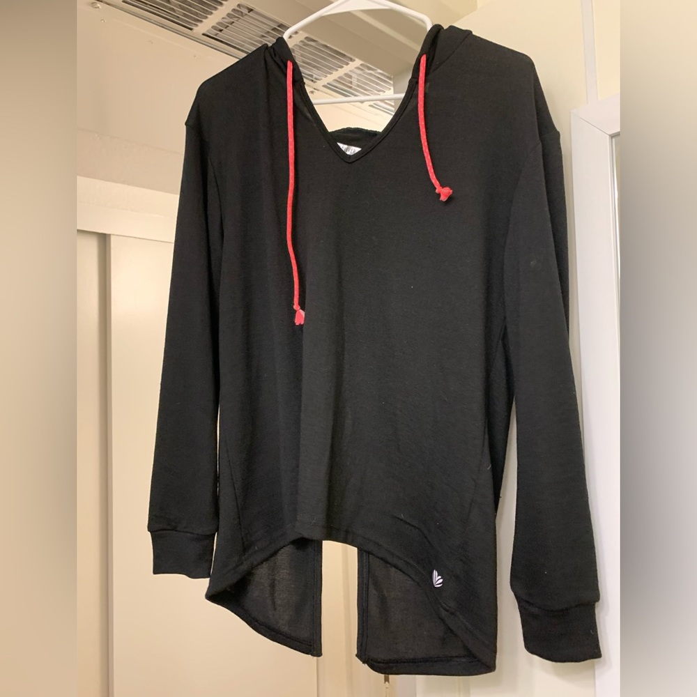 Black, open back, athletic hoodie. Size small